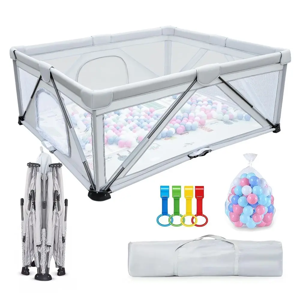 روضة أطفال رمادية قابلة للطي مقاس 59 × 71 مع 50 كرة محيطية، 4 مقابض، منطقة لعب آمنة للأطفال والرضع، ساحة محمولة داخلية/خارجية