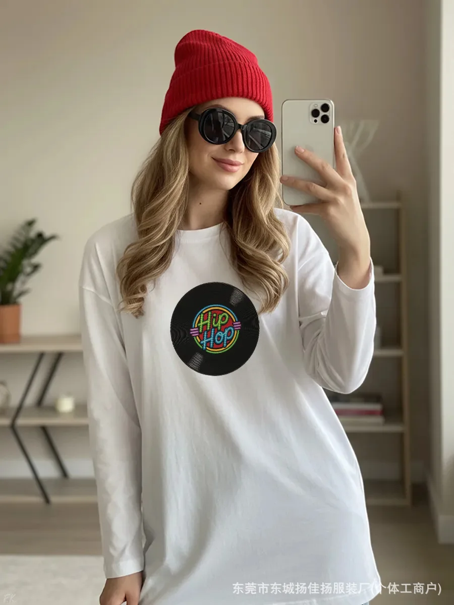 Chic Unisex Vintage Hip Hop Graphic Tee Women's 100% Cotton Oversized Long Sleeve Vinyl Record Print T-shirt American Streetwear