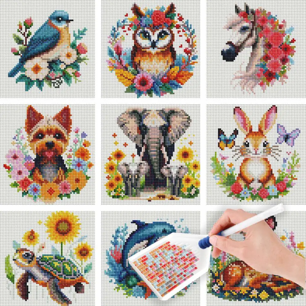 HUACAN 9 Stück Mini-Diamantgemälde, Vogel, Hund, Mosaik, Tier, Neuheiten, handgefertigt, Hobby, Kunst, Wanddekoration