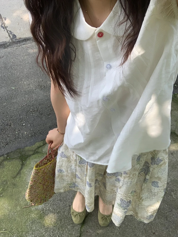 

Retro Doll Collar White ort Sve irt Women Summer Sweet Sle Unique Bubble Sve Pleated Top Korean Loose Fit Button ...