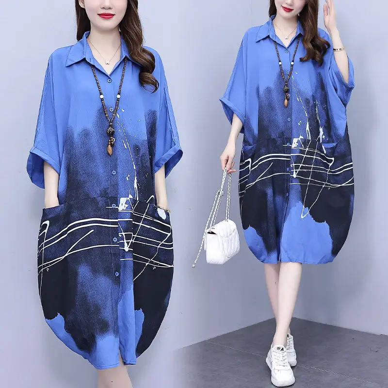 Women's Korean Version Paris Printed Loose Short Sleeved Summer Plus Size Medium Sleeved Printed POLO Collar A-line Dress L489