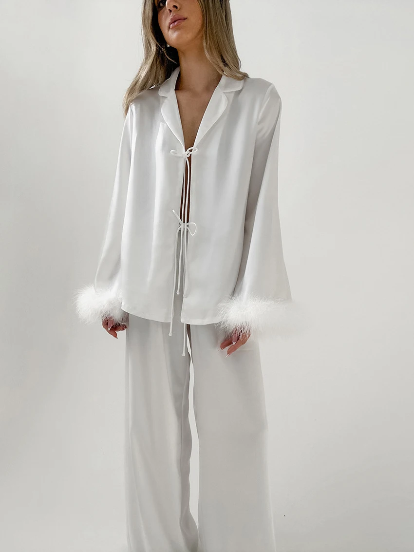 Marthaqiqi White Female Nightgown Set Long Sleeve Nightie Turn-Down Collar Pajamas Lace Up Sleepwear Pants Causal Nightwear Suit