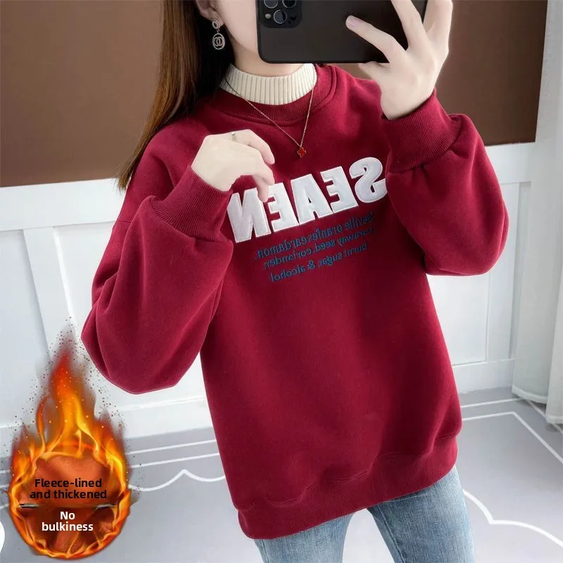 

Anti-Aging Fleece-Lined Hoodie Women's Casual Lazy Style Letter Print Half High Collar Autumn Winter Warm Fashionable Student...