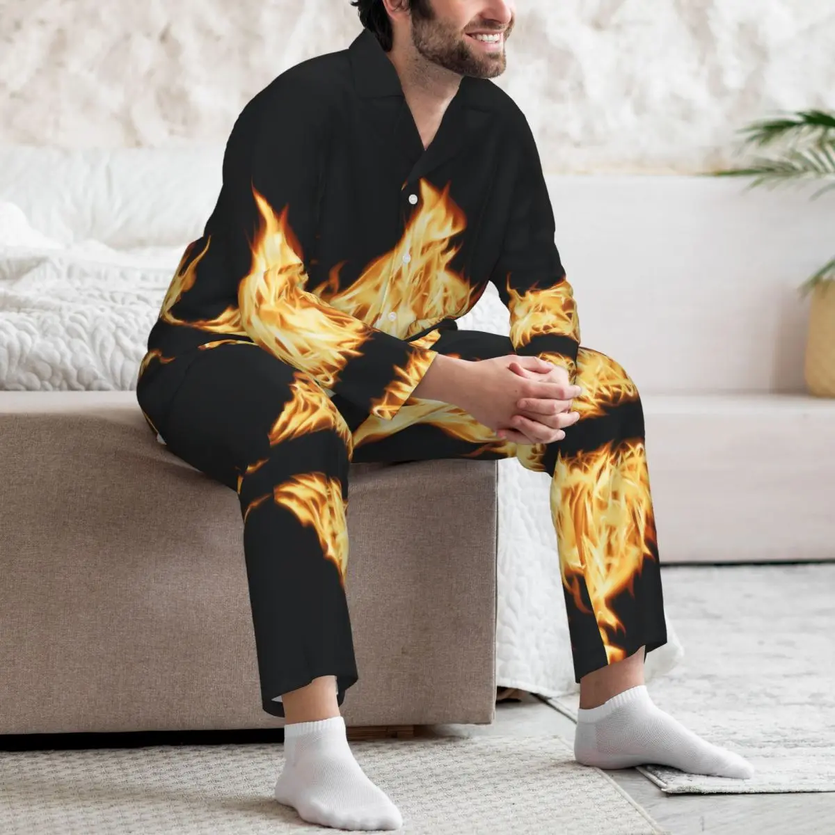 Conjunto de pijamas para hombre de otoño invierno de manga larga hoguera quema fuego ropa de casa ropa de dormir 2 unids/set