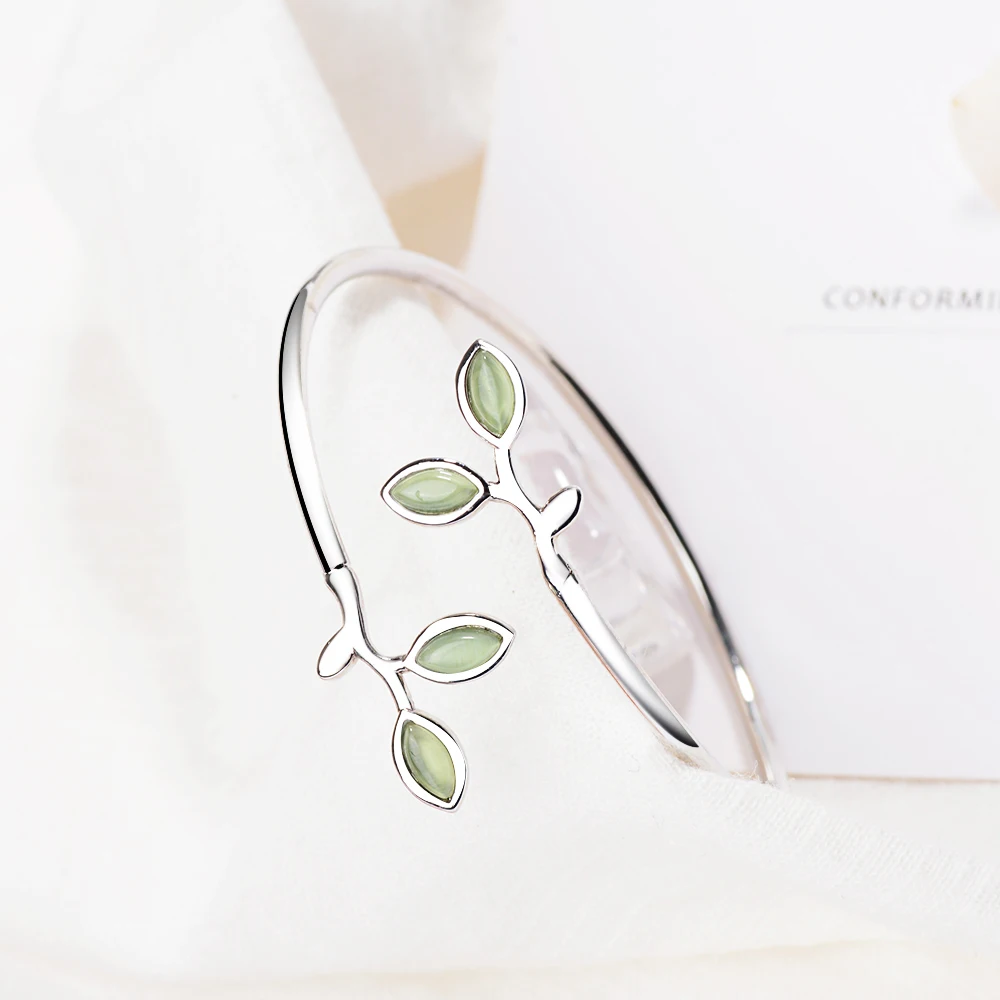MEEKCAT 925 Sterling Silver Enamel Green Olive branch Leaves Open Cuff Bracelets & Bangles For Women Fashion Jewelry