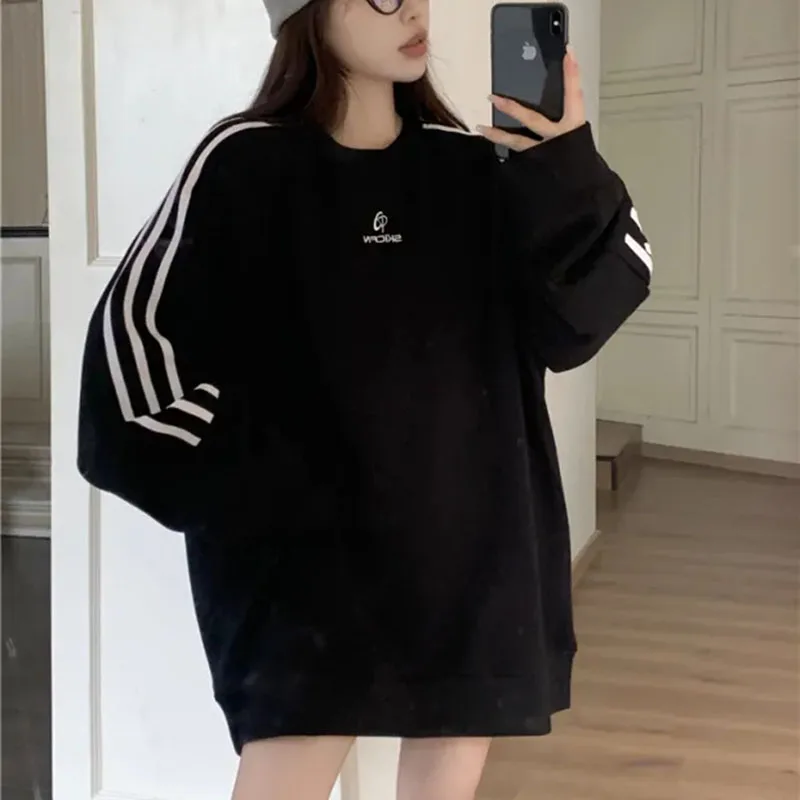 Jmprs Loose Sweatshirt Women Long Sleeve Autumn Side Stripe Pullover Black T-Shirt Hip Hop Streetwear Spring White Thin Tops