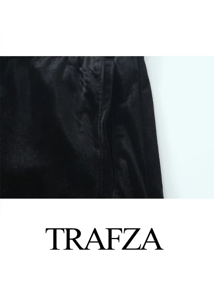 TRAFZA 2024 Autumn Velvet Trouser Suits For Women Fashion Single Breasted Cropped Coat Top + Commute Female Wide Leg Long Pant