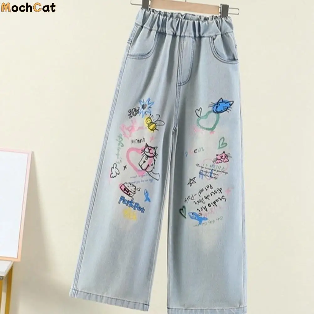 

Harajuku Straight Teen Girl Jeans Loose High Waist Children Cartoon Jeans Graffiti Wide Leg Girls Denim Trousers Kids Children