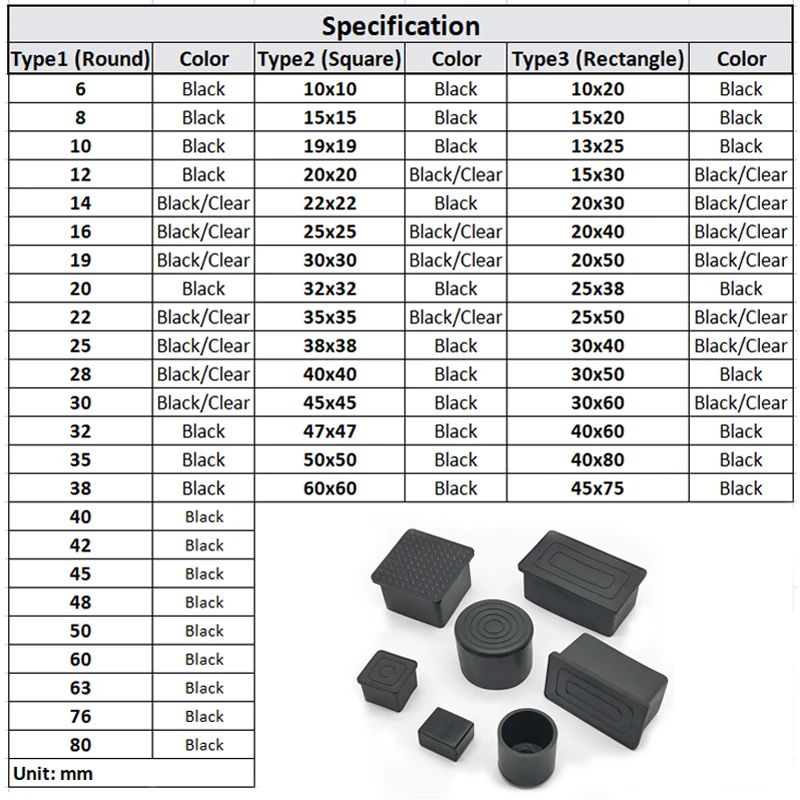 PVC Table Chair Leg Tips Caps Floor Protector Non-slip Floor Square Rubber Feet Pads Black 10x10mm~60x60mm