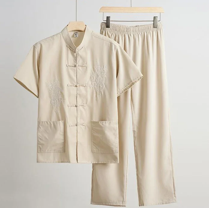 Men Cotton Tang Sets Male Summer New Taichi Costumes Vintage Kong Fu Clothes Chinese Style Shirt Embroider Dragon Button Down