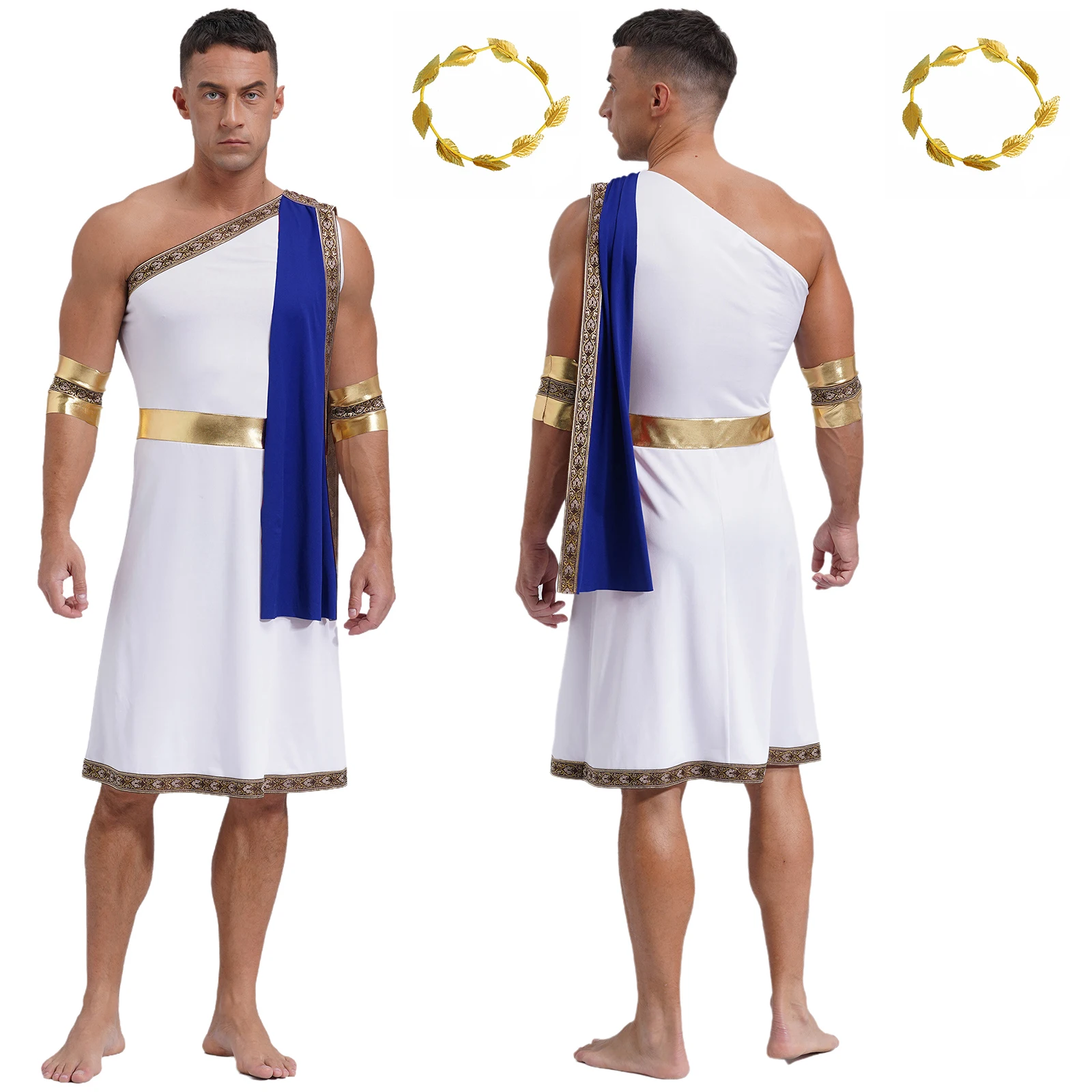 Men's Ancient Greek Toga Cosplay Costume Setgold Leaves Garland Headwear One Shoulder Robe Dress Roleplay Unifrom Festival Party