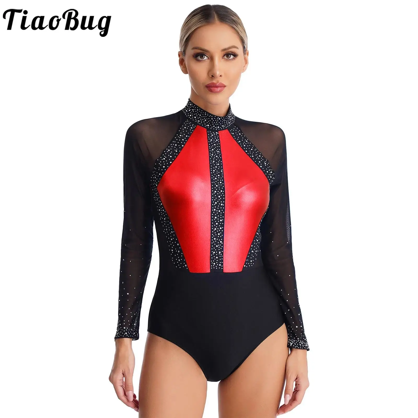 Womens Metallic Gymnastic Leotard Bodysuit Tops Mesh Long Sleeve Rhinestones Ballet Dance Costume Figure Skating Jumpsuit