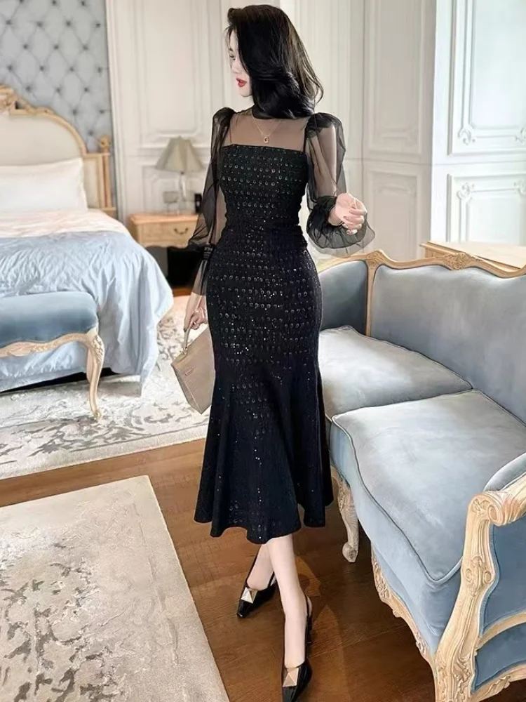 SMTHMA New Autumn Flare Sleeve Slimming Mermaid Dresse Vintage Elegant Patchwork Mesh Temperament Mid Length Party Dresses