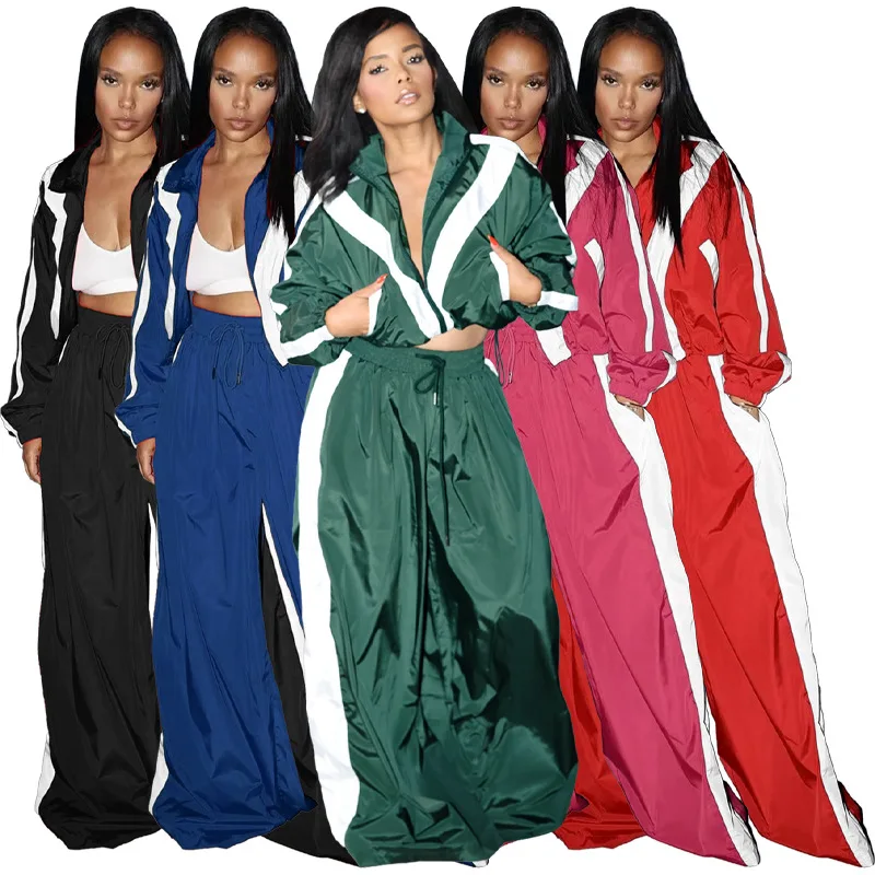 

Women Set Autumn Winter Fashion Color Patchwork Crop Top And Wide Leg Pants Casual Two Piece Set Workout Tracksuit Jogger Sets