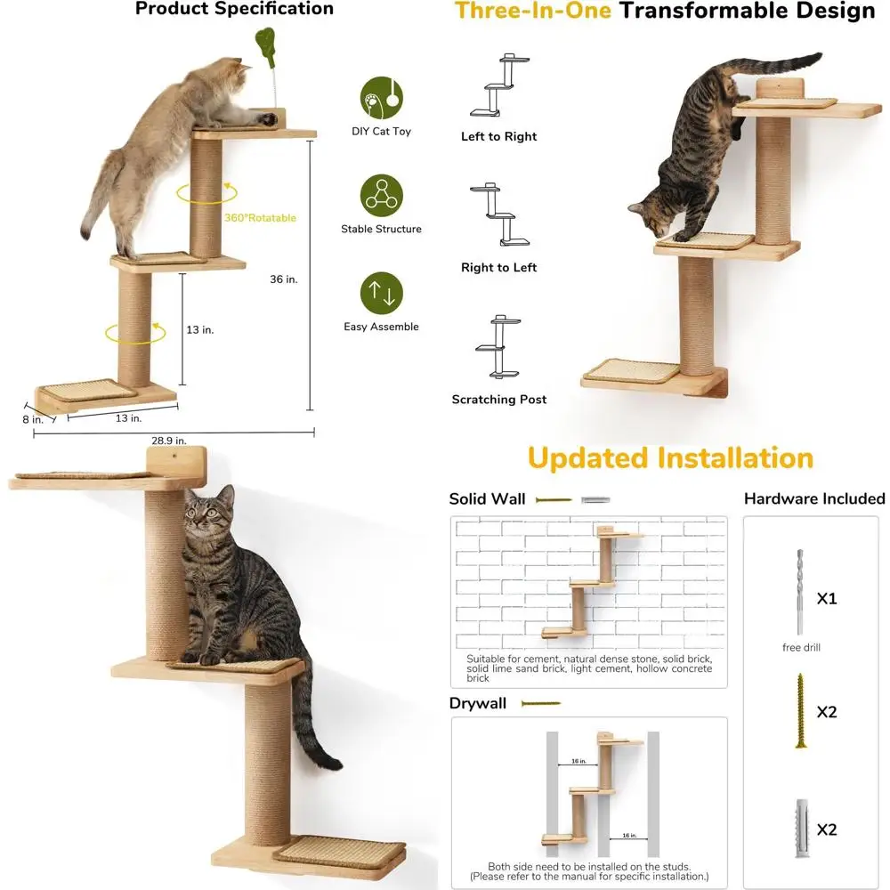 

UKUMARU Cat Wall Shelves, 3 in 1 Transormable Cats Scratching Post Wall Mounted, DIY Kitten Walls Jungle and Perch Platorm Suppl
