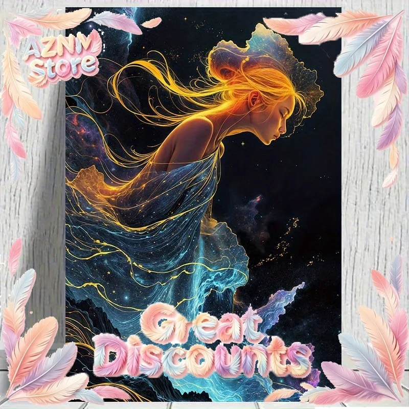 1pc Frameless Modern Canvas Art Canvas PaintingGolden-Haired Girl with Cosmic Background, Vibrant Blue & Purple Swirls 2026