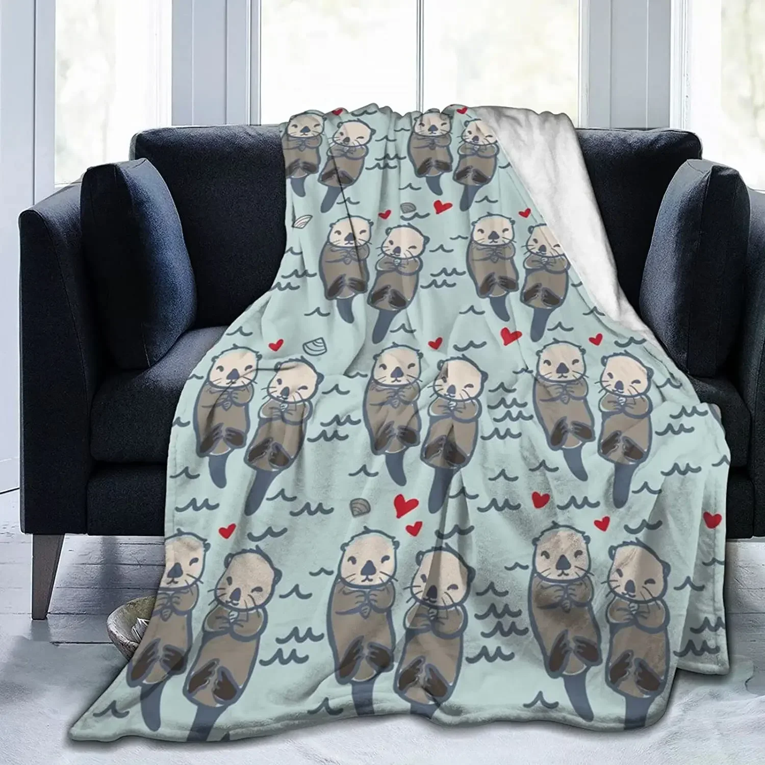 Kawaii Sea Otters Flannel Throw Blanket,Cozy Noon Break Blanket for Office Couch Lightweight Warm Super Soft, Gifts  Kids