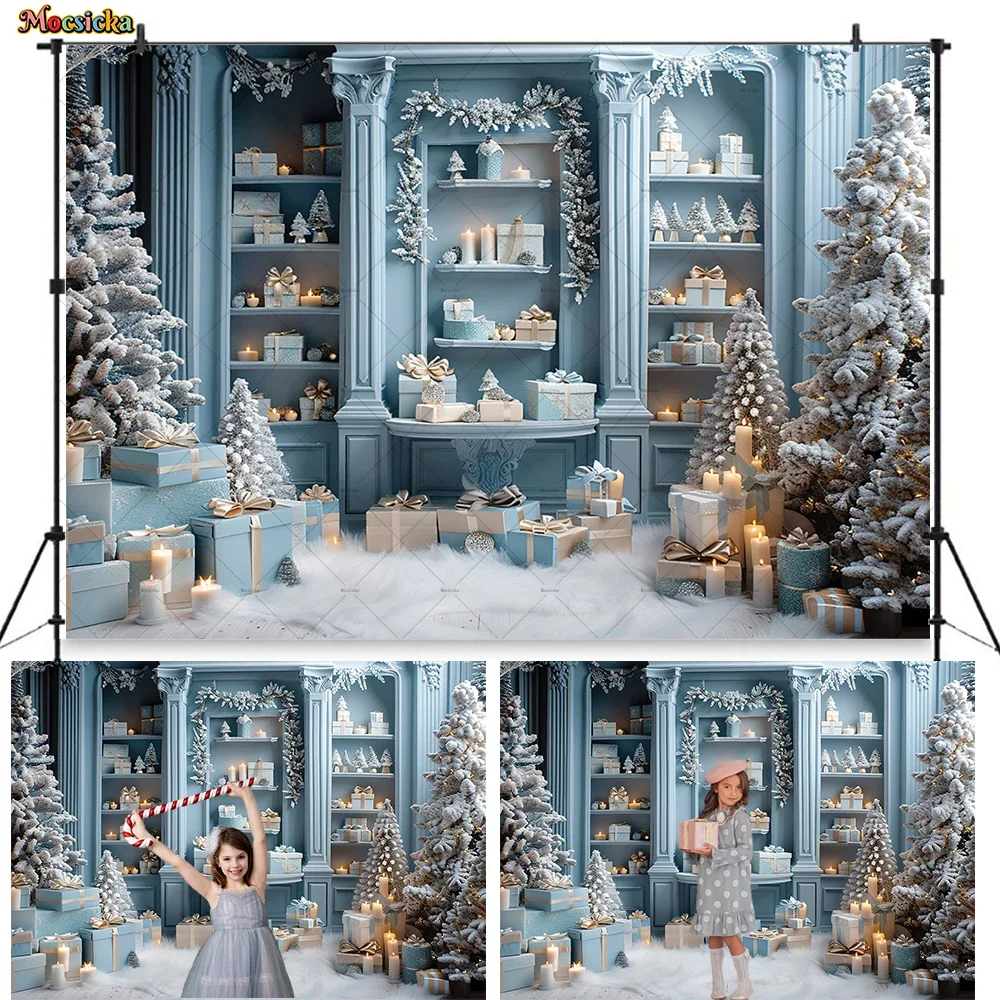 Christmas Gift Room Background Photography for Baby Show Xmas Tree Candle Blue Backdrop Booth Winter Family Kid Photo Studio