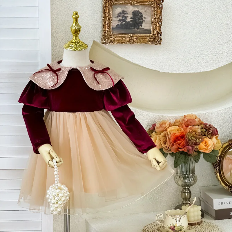 Kids Girls Dress Spring Autumn Elegant Peter Pan Collar Bow Little Girl Princess Dress Spliced Velvet Children Girls Dress