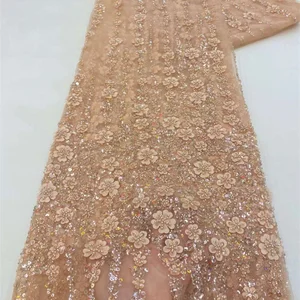 نسيج الدانتيل الأفريقي مع 3D زهرة مطرزة الترتر الخرز تول حزب اللباس عالية الجودة 2024 أعلى 12 مبيعات 3D النسيج - No5