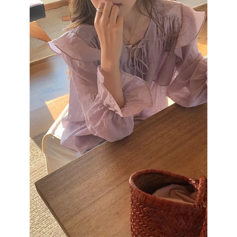 Women's Ruffled Blouse, V-Neck with Drawstring Tie, Long Puff Sleeve Loose-Fit Chiffon Top, Elegant Casual Spring & Summer