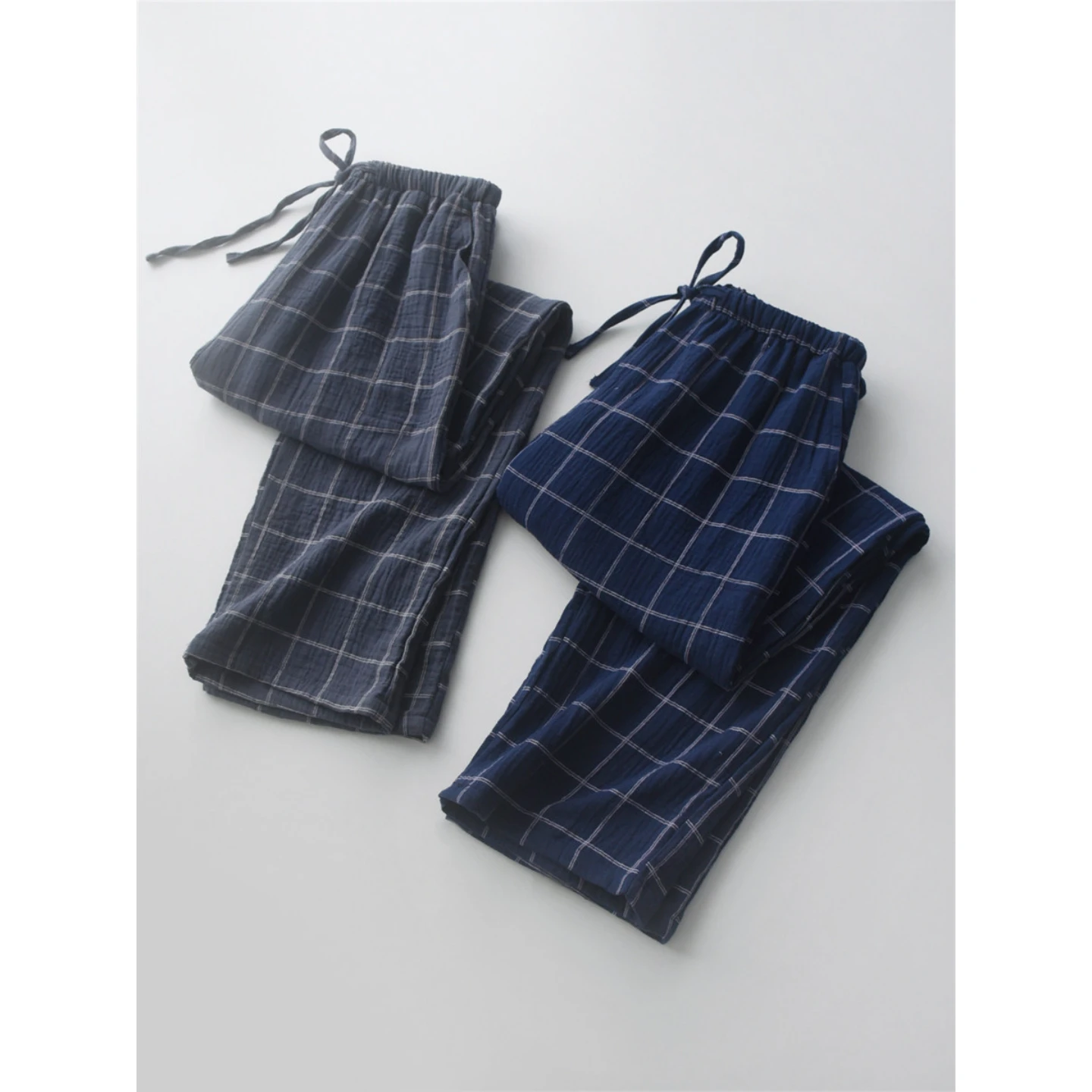 1pc Men's Cotton Double-Layer Gauze Plaid Pajama Pants Minimalist Loose Fit Lightweight Spring Fall Lounge Bottoms