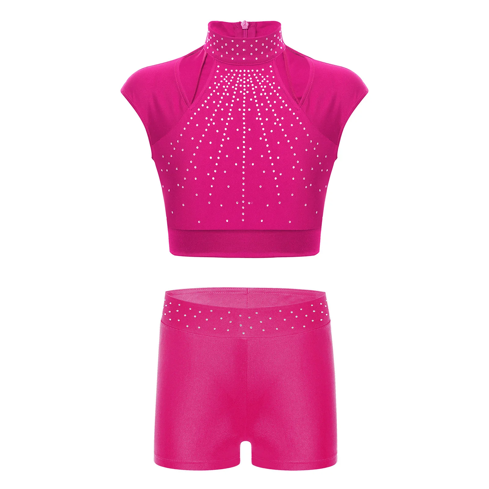 

Kids Girls Gymnastics Figure Skating Dance Athletic Outfit Shiny Rhinestones Cutout Crop Top with Shorts for Ballet Workout Yoga