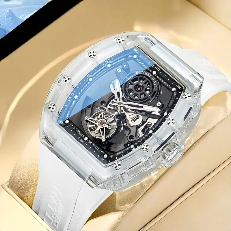 

BONEST GATTI Luxury Men Automatic Tourbillon Watch Hollow Out Dial Crystal Case Sapphire Luminous Rubber Strap Wristwatch