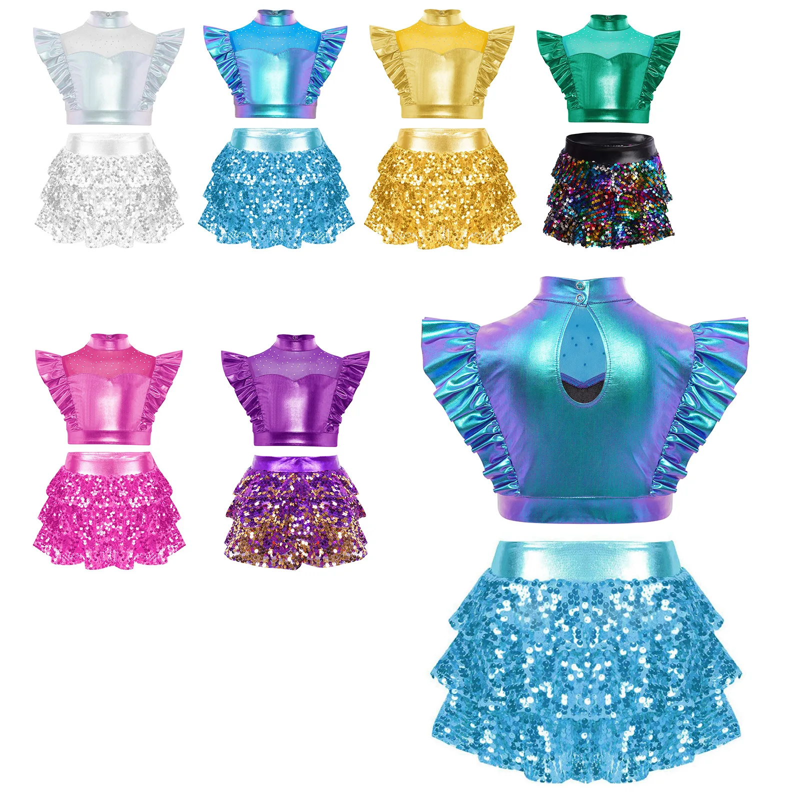 

Kids Girls Jazz Dance Outfits Rhinestone Adorned Mesh Sleeveless Metallic Ruffle Crop Top with Sequins Tiered Ruffled Culottes
