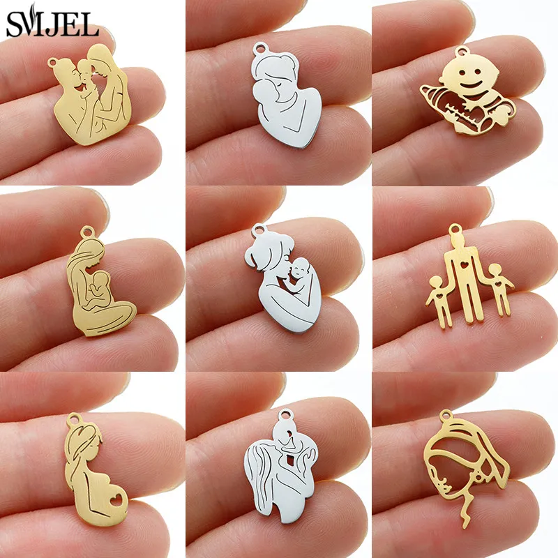 5pcs/lot Family Mom Charms DIY Accessories for Necklace Jewelry Making Stainless Steel Breast Feeding Pendants Mother Gift