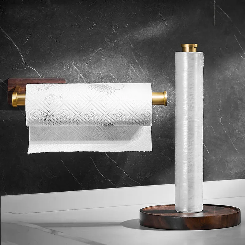 Walnut Bathroom Paper Towel Holder Brushed Gold Nail-free Toilet Roll Holder Vertical/Wall Mounted Paper Plane Bathroom Shelf