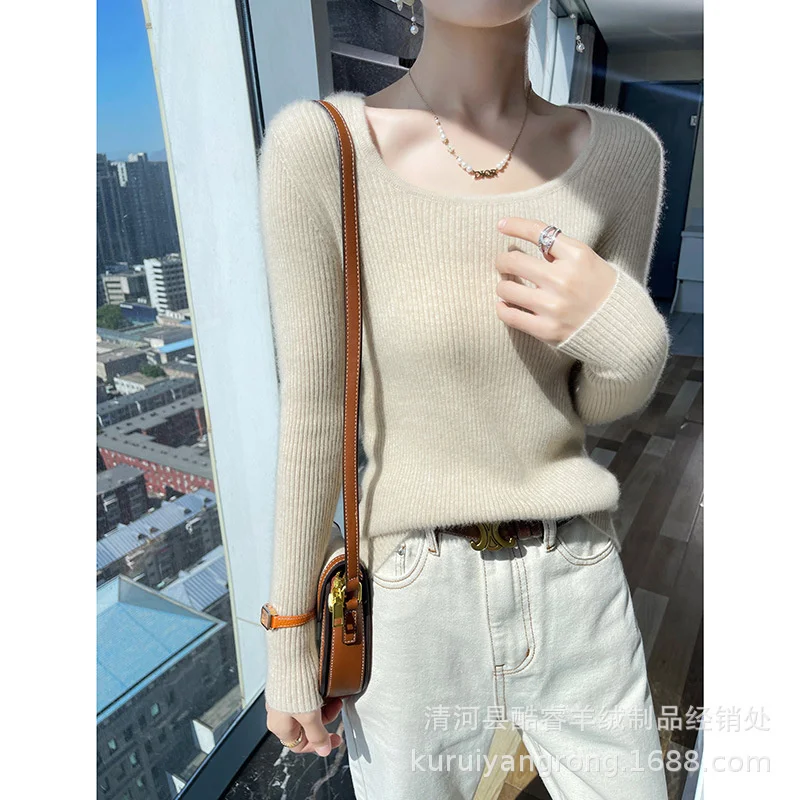 Autumn Winter Fashion Basic 100% Pure Wool Sweater U-Neck Long Sleeve Pullover Cashmere Women Knitted Warm Tops