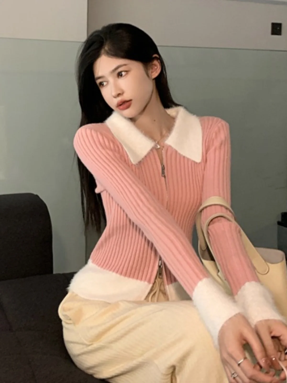 Cárdigan Abierto de Punto con Cuello Alto y Doble Cremallera, Color Rosa, para Mujer, Estilo Dulce, Manga Larga, Ajustado, co...