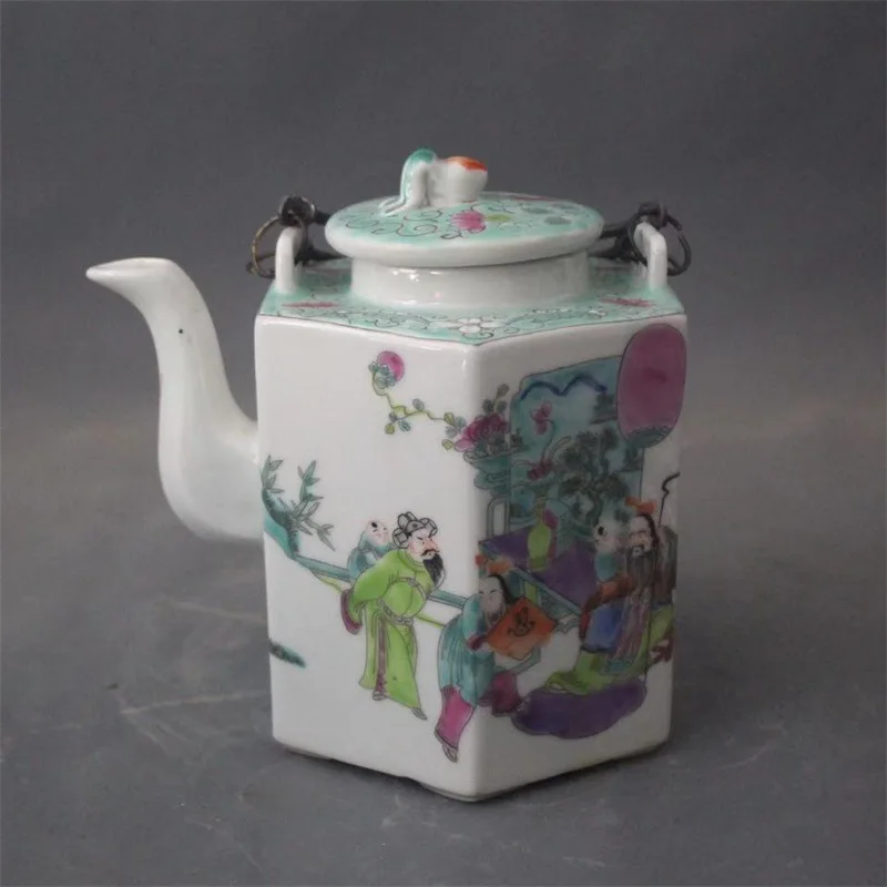 Jingdezhen Antique Ceramics Tongzhi Famille Rose Hand Drawning Character Story Copper Teapot Loop-Handled Retro Collection Home