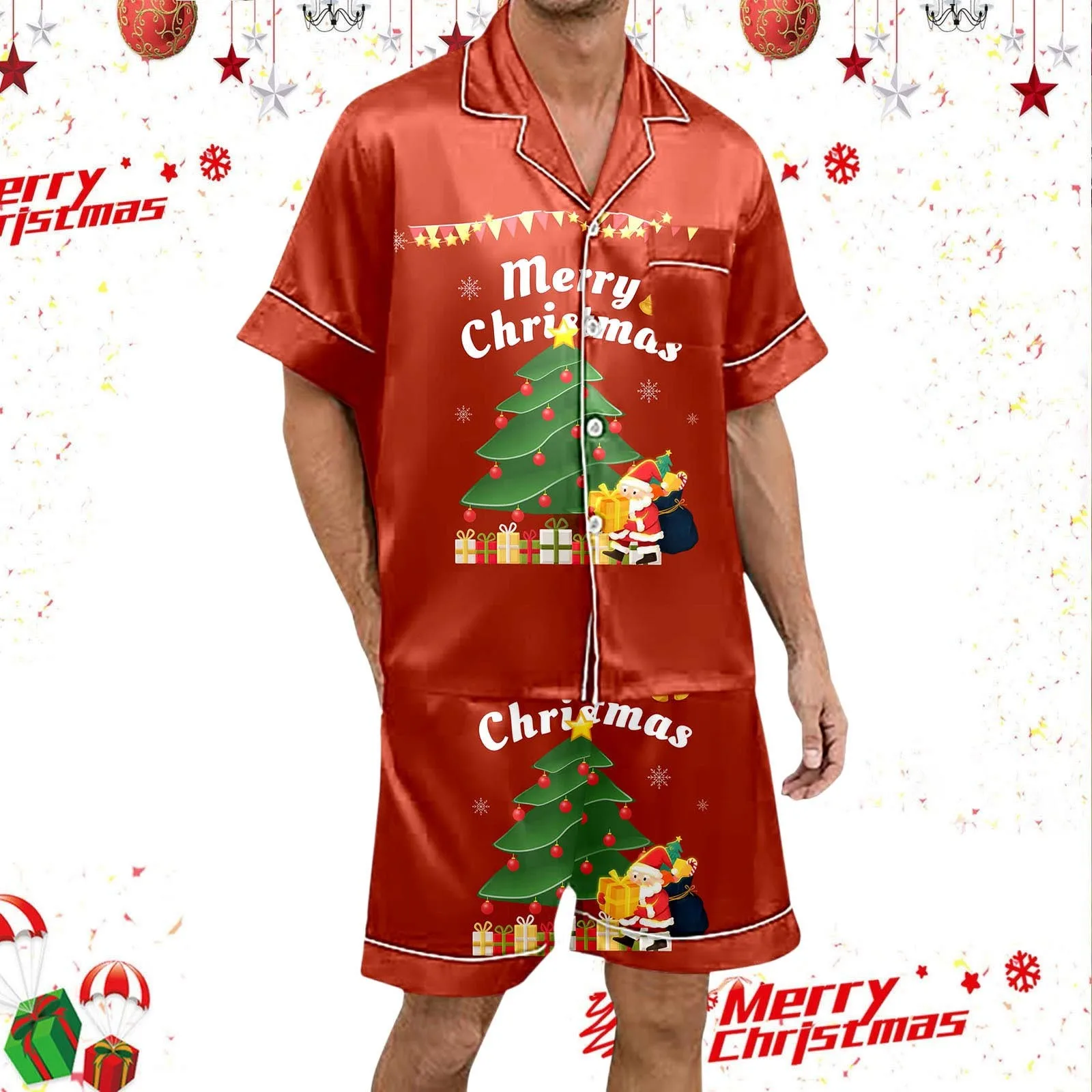 Men\'s Pajamas Lounge Set Christmas Print Silk Satin Sleepwear Button Down Short Sleeve Top & Shorts Pyjama Xmas Home Clothing