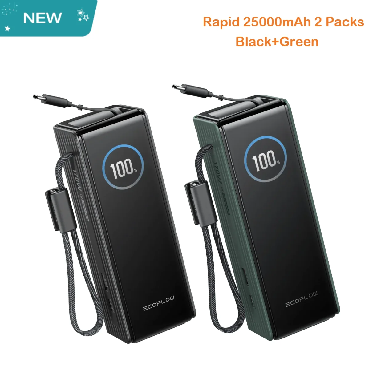 

Портативное зарядное устройство ECOFLOW RAPID Power Bank 25000 мАч, 170 Вт, 100 Вт, со встроенными и выдвижными кабелями, две упаковки