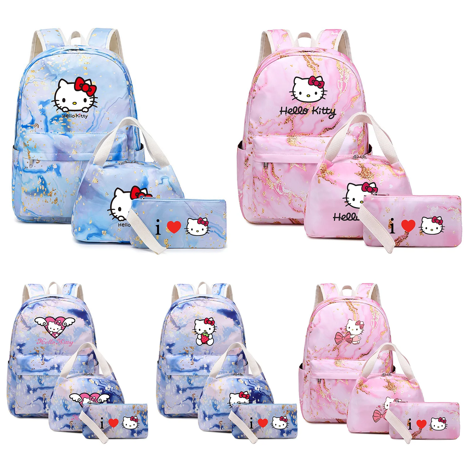 

3Pcs/set Hello Kitty Girl Kid Backpack Capacity Student Schoolbags Double Shoulder Bag Travel Pen Lunch Bags Bookbag Laptop Sets