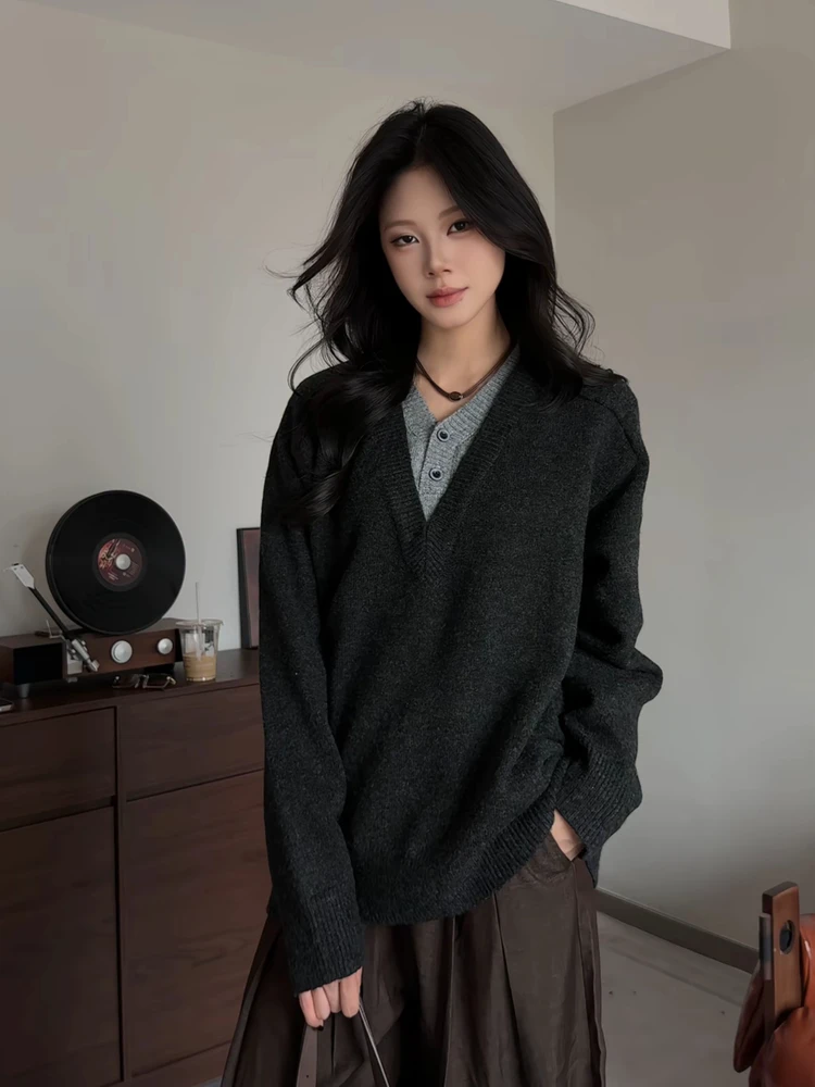 

American Retro Sle Loose Casual Men's Knitted Sweater Deep V-Ne Fake Two-Piece Autumn Winter High Quali Couple's Wear