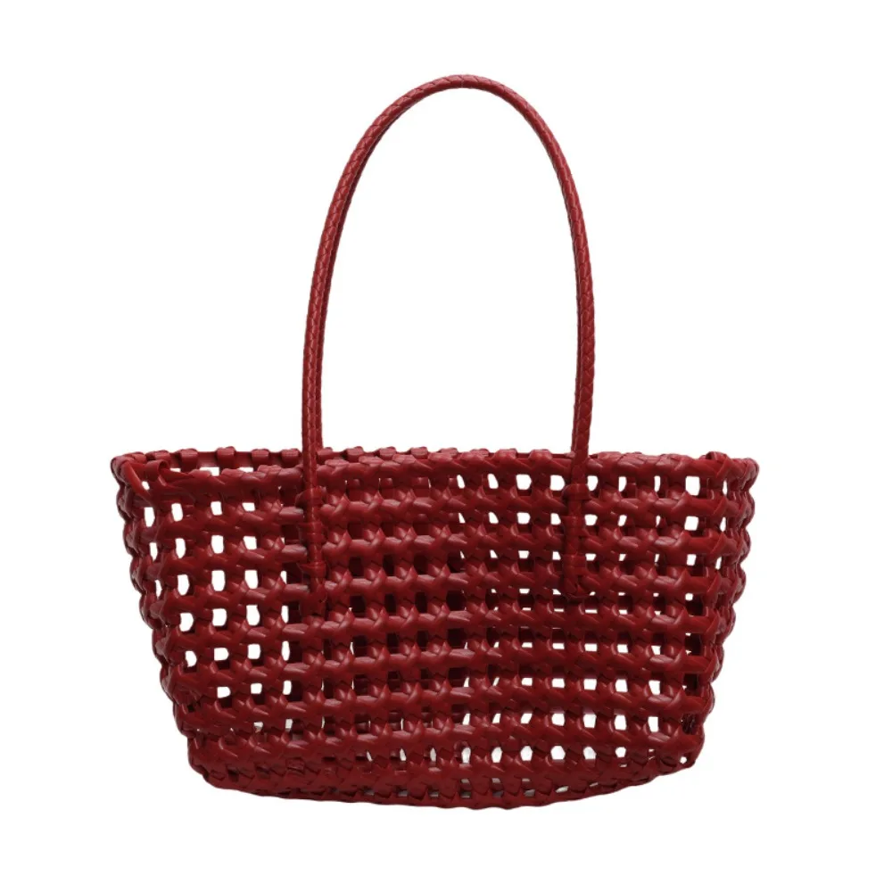 Sac en plastique tressé creux, style campagnard, grande capacité, sac de plage, style bohème, sac seau, sac à main en PVC pour femme, filles