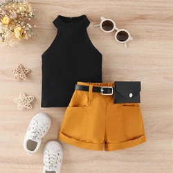 3PCS Summer 0-4 Years Old Baby Girls Soft And Comfortable Simple Beautiful Black Halter Top + Coffee Color Shorts