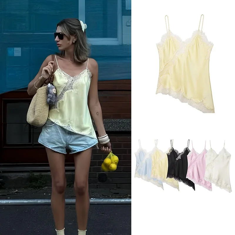 HH المرأة مثير الصيف الصلبة تول غير المتماثلة حبال الأعلى أكمام الخامس الرقبة الدانتيل الزخرفية الأصفر قمم أزياء وتتسابق