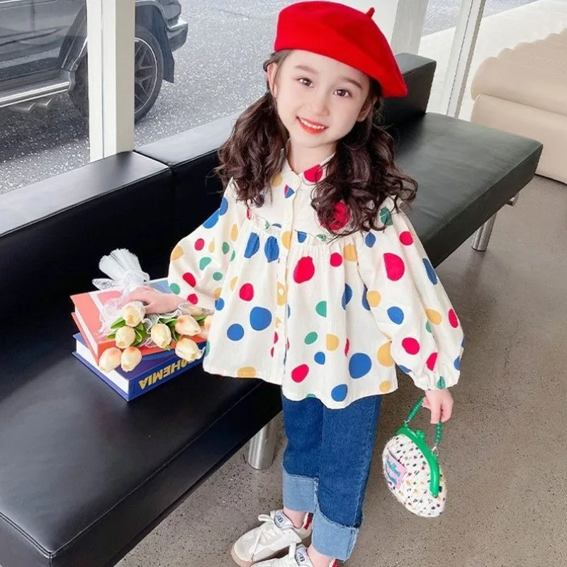 

Осень-зима 2026, новая блузка в корейском стиле с рюшами и воротником в горошек и длинными рукавами, детская рубашка