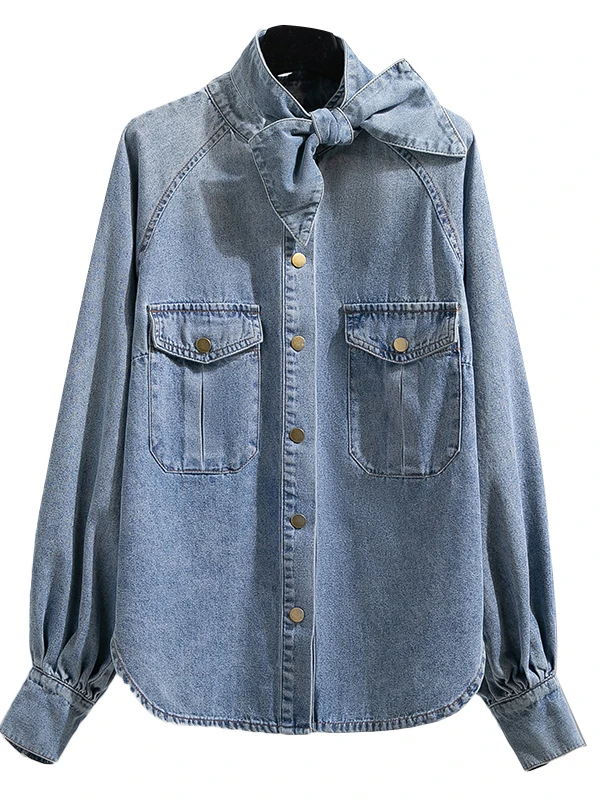 Luźna kurtka jeansowa damska typu lantern, z kołnierzem stójką, dżinsowa odzież wierzchnia, jesienna długa kurtka plus size.