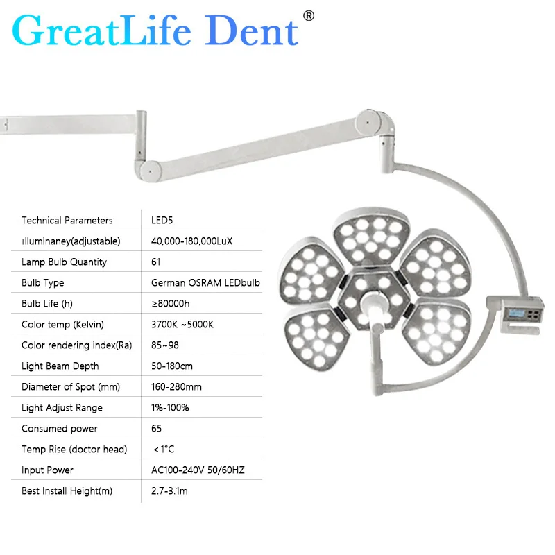 GreatLife Dent 65w 61 OSRAM Led bulbs Pet Surgery Dental Shadowless Ceiling Wall-Mounted Surgical Exam Dental Cold Lamp Light