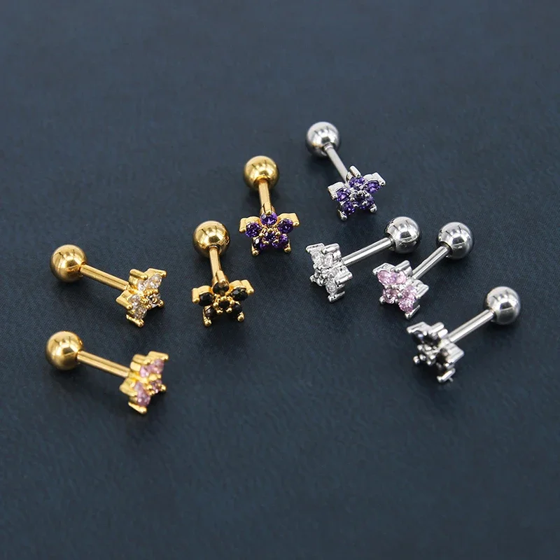 1 Pcs Minimalist Tiny Stainless Steel Cartilage Stud Earring Cubic Zircon Pentagram Flower Small Piercing Ear Jewelry Accessory