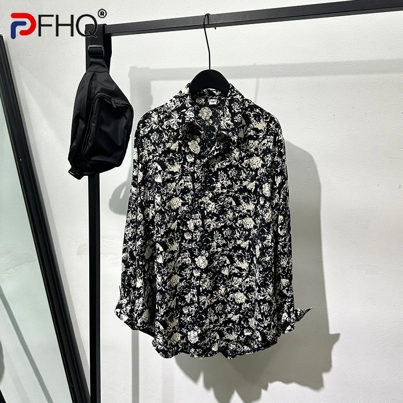 

PFHQ Fashion Summer Men's Tops Thin Breathable Loose Printed Long Sleeve Shirts Niche Delicacy Light Luxury Casual New 21Z4911