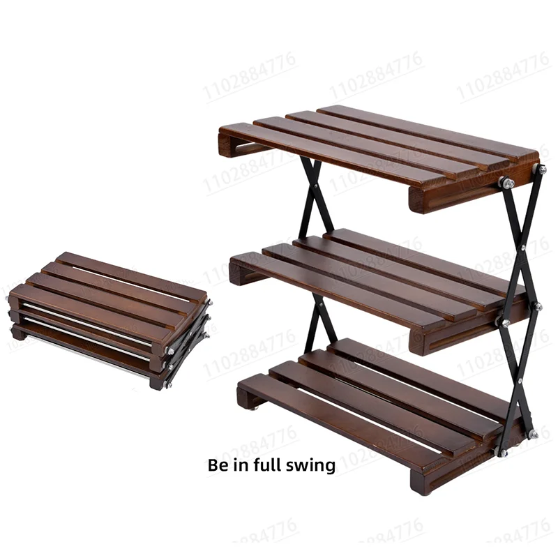 Outdoor Camping Metal Three Tier Folding Shelf Multifunctional Desktop Retractable Wooden Storage Rack Collapsible Coffee Shelf