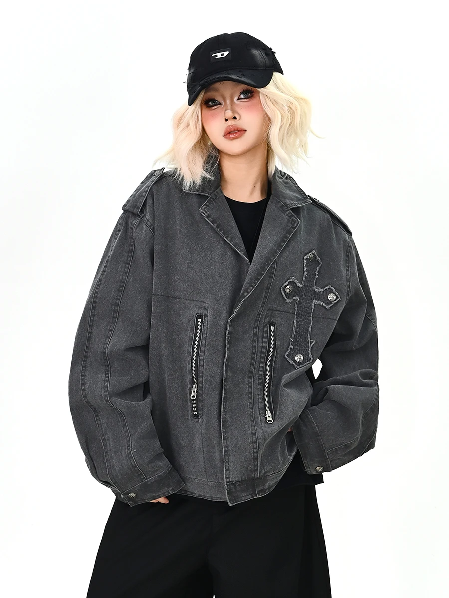 

Женская куртка свободного кроя в уличном стиле с воротником, на молнии, с вышивкой крестиком, в винтажном стиле BF, верхняя одежда для весны