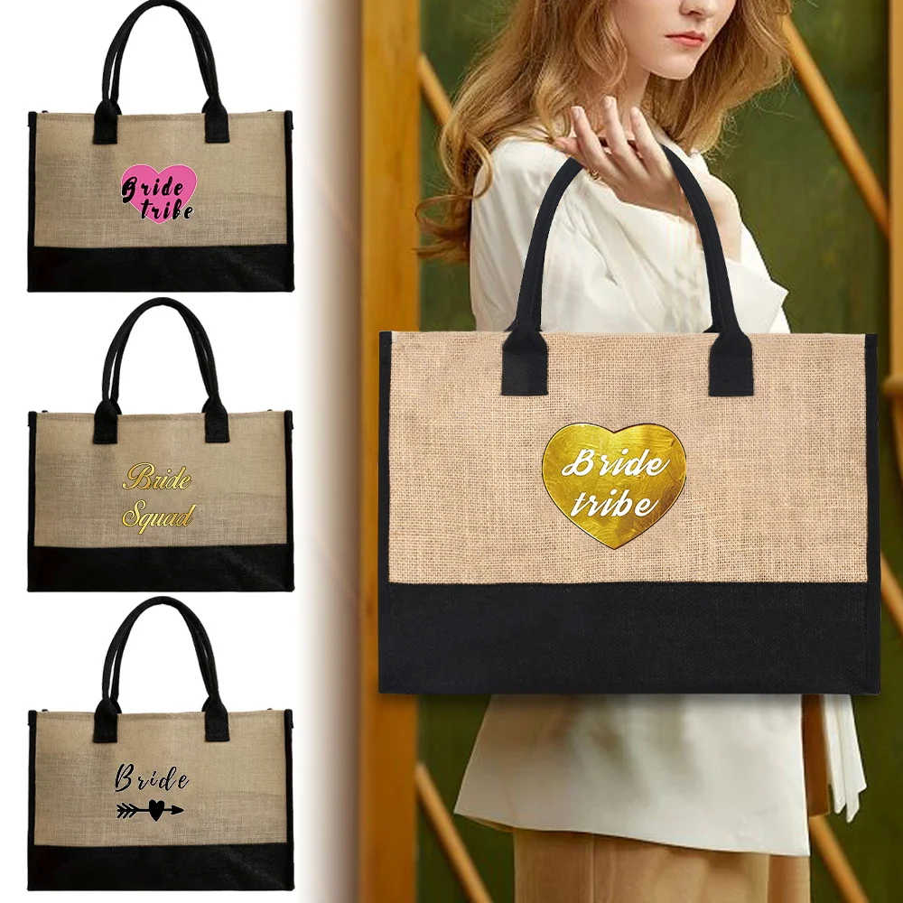 Women's Jute Handbags Large Size Shopping Bag Environmental Protection Large Capacity Portable Storage Bags Bride Series Print