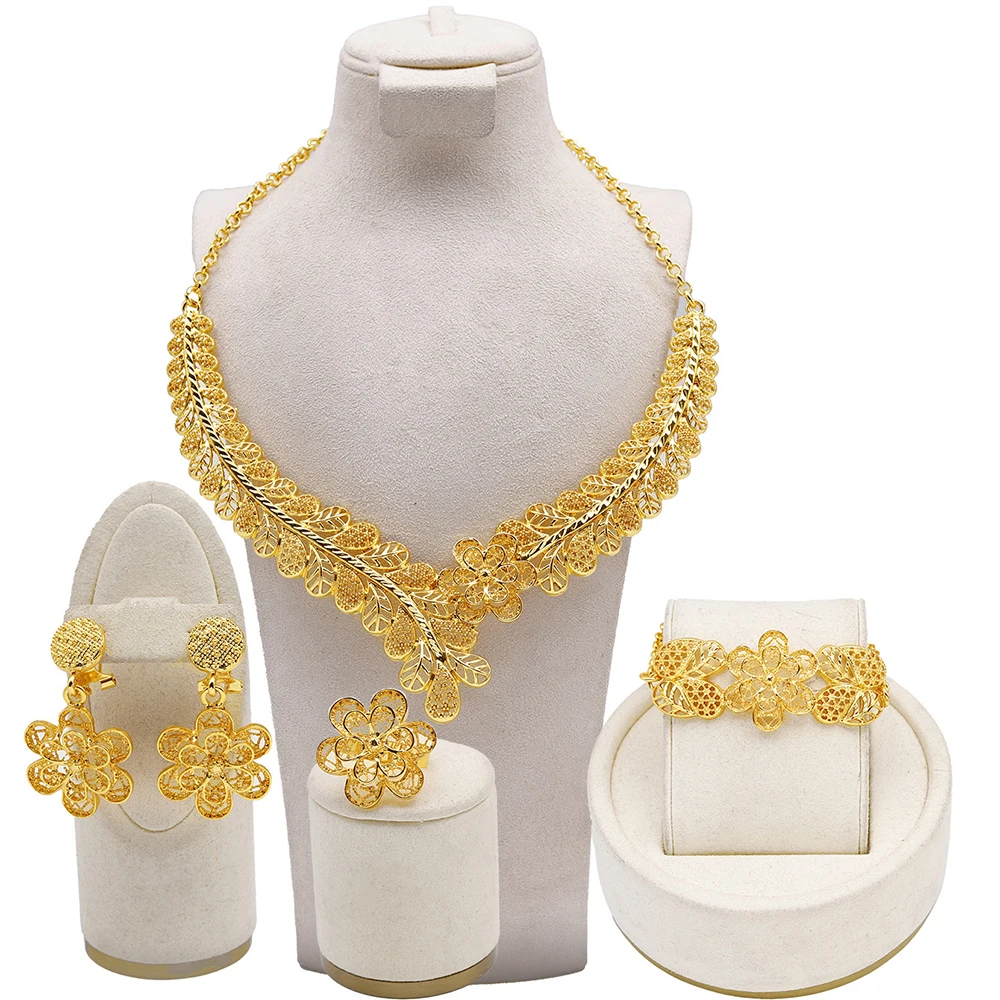 

Jewelry Flower Necklace Earring Bracelets Ring Cuff Bangle Golden Color Wedding Gift Party Women Engagement Bridal Jewelry Set